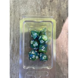 set de 7 dés pearl verts et bleu turquoise encre blanche