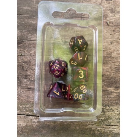 kit de 7 dés pearl pourpres et noirs encre dorée