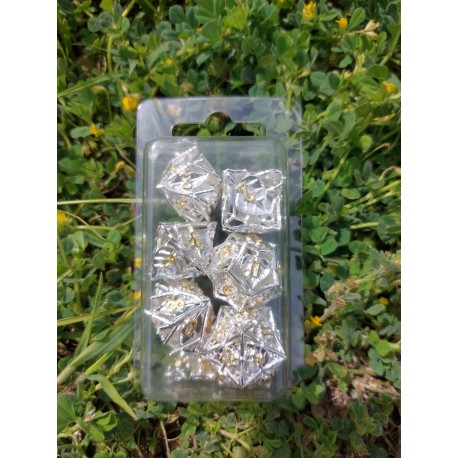Kit De 7 Dés Métalliques Creux Faces Feuilles . blanc Doré