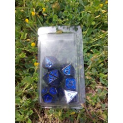 Kit de 7 dés métalliques rétros classiques noir fond violet paillette