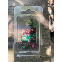 Set de 7 dés pailletés verts et violets écriture dorée