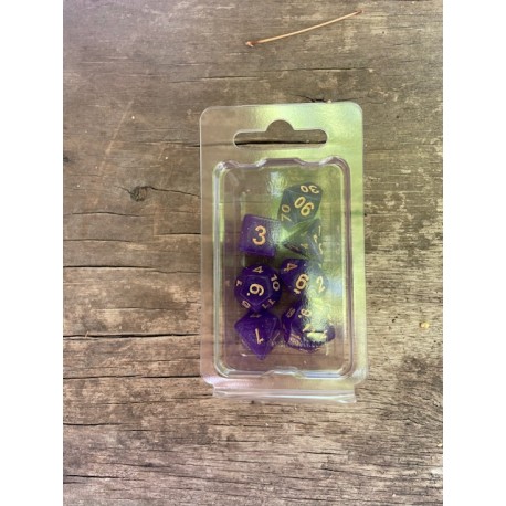 Set de 7 dés pailletés violets encre dorée