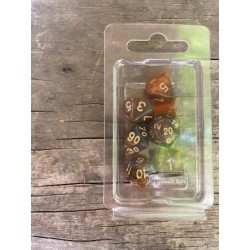 Set de 7 dés pailletés translucides orange et noirs encre dorée