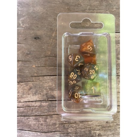 Set de 7 dés pailletés translucides orange et noirs encre dorée
