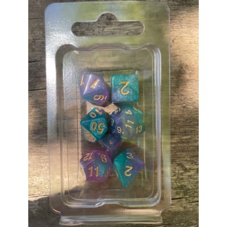 Set de 7 dés pailletés vert glacial et mauves encre dorée