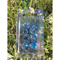 Blister De 7 Dés . Résine Chat Noir Transparent Paillette Bleue Mouvante . Print Argent