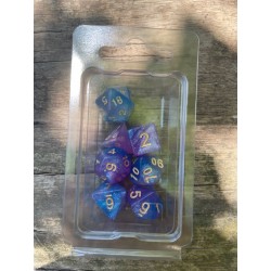 Set de 7 dés pailletés bleu turquoise et mauves encre dorée
