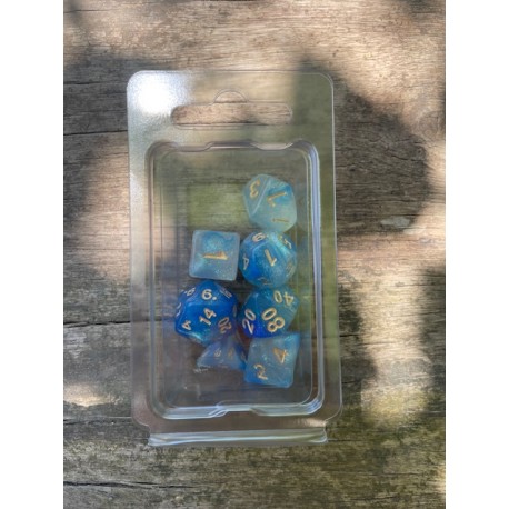 Set de 7 dés pailletés translucides bleu arctique et bleu royal encre dorée