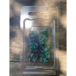 Set de 7 dés pailletés vert émeraude et ord encre blanche