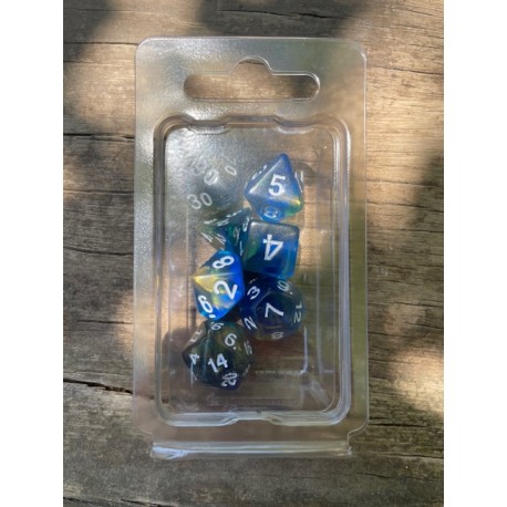 set de 7 dés bleus et or translucides écriture blanche