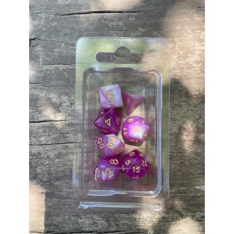 Set de 7 dés pailletés rose fushia et blancs encre dorée
