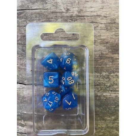Set de 7 dés pailletés bleu turquoise encre dorée