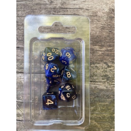 Set de 7 dés pailletés bleu nuit et noir encre dorée