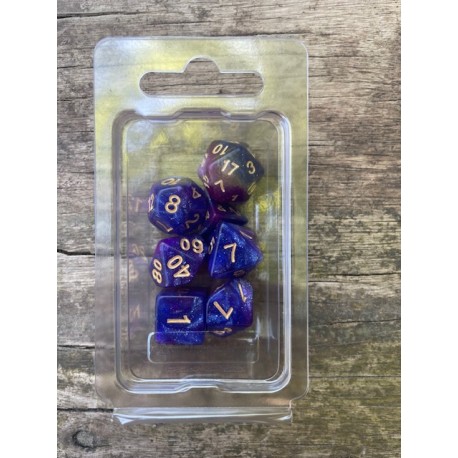 Set de 7 dés pailletés bleus et violets encre dorée