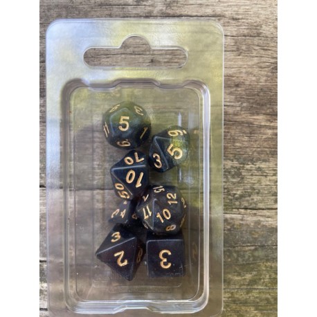 Set de 7 dés pailletés noirs encre dorée
