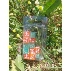 Blister De 16 Dés Marqueurs Pour Jcc De 12mm Paillette Orange Print Blanc. Paillette Vertbleu Pâle Print Or