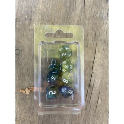 set de 7 dés pailletés translucides bleus et jaunes écriture gothique encre blanche