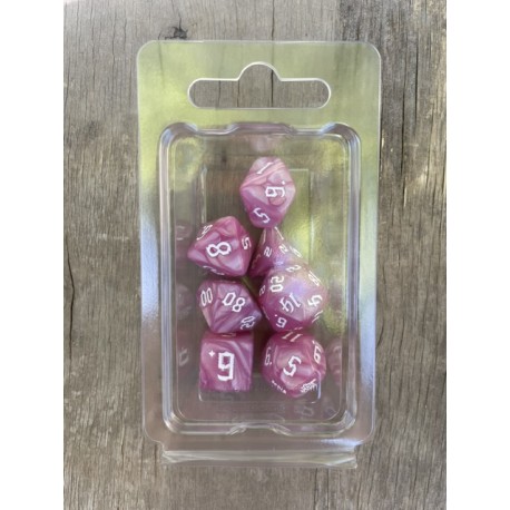 set de 7 dés pearl rose écriture gothique encre blanche