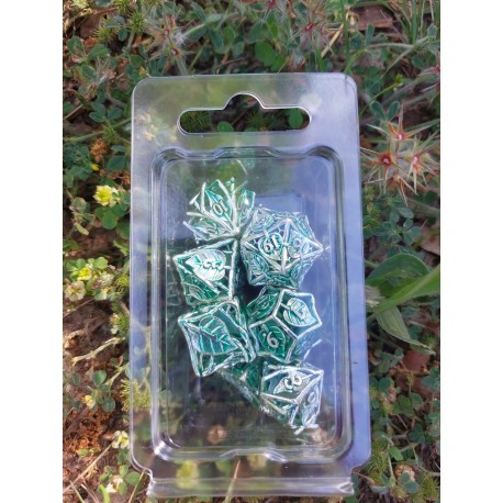 Kit De 7 Dés Métalliques Creux Faces Feuilles . Argenté & Vert8