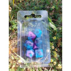 Set De 7 Dés Bicolores Bleu Violet Phosphorescents Encre Noire