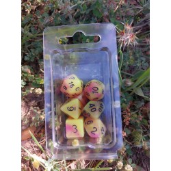 Set De 7 Dés Bicolores Jaune Violet Phosphorescents Encre Noire