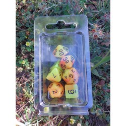 Set De 7 Dés Bicolores Orange Jaune Phosphorescents Encre Noire