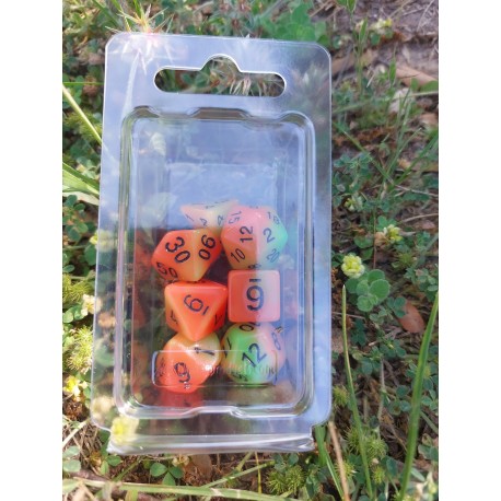 Set De 7 Dés Bicolores Orange Vert Phosphorescents Encre Noire
