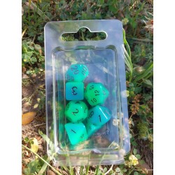 Set De 7 Dés Bicolores Vert Bleu Phosphorescents Encre Noire