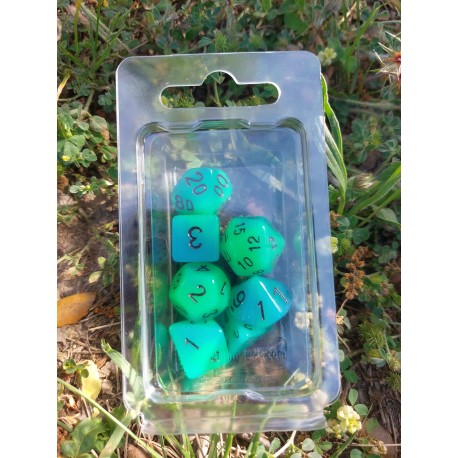 Set De 7 Dés Bicolores Vert Bleu Phosphorescents Encre Noire