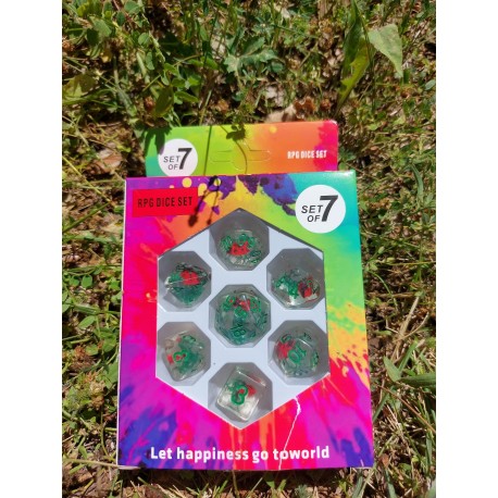Blister Kit De 7 Des Transparent Coccinelle Incrustée . Print Vert