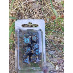 Kit De 7 Dés Métalliques Forge Des Sommets . Bronze Sombre Fond Bleu Paillette