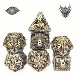 Kit De 7 Dés Métalliques Creux Face Oeil . Couleur Bronze Sombre . Yeux Oranges