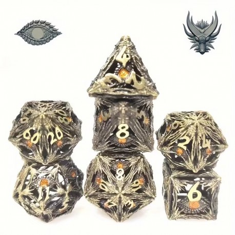Kit De 7 Dés Métalliques Creux Face Oeil . Couleur Bronze Sombre . Yeux Oranges