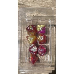 Set de 7 dés pailletés pearl jaunes et magenta encre blanche