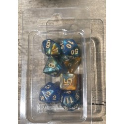 Set de 7 dés pearl pailletés bleu et or foncé encre dorée