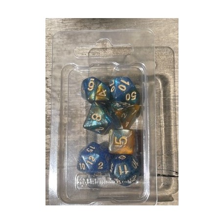 Set de 7 dés pearl pailletés bleu et or foncé encre dorée