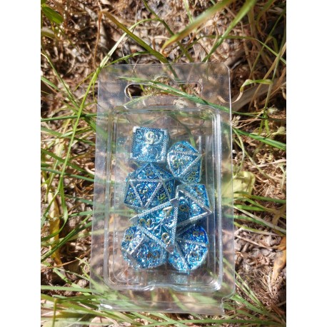 Kit De 7 Dés Métalliques Creux Faces Cthulhu. Teinte Argent & Bleu