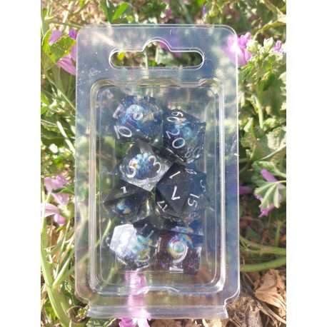 Blister Kit De 7 Des Résines. Orbe Terrestre Bleue Mouvante . Noir & Translucide . Print Argent