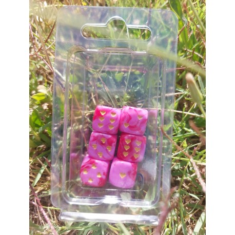 Blister Kit De 6 Des 6 Faces Nacré Rose Rouge .print Doré Motif Coeur De 16mm
