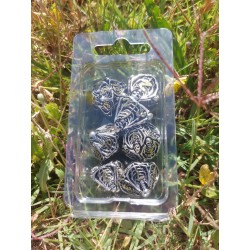 Kit De 7 Dés Métalliques Creux Faces Squelette. Teinte Argenté Sombre Print Doré
