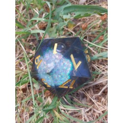 D20 De 5.5 Cm En Résine Couleur Fumé . Print Or . Paillettes Argentées Mouvantes