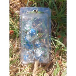 Blister Kit De 7 Des Transparent Champignon Bleu Incrusté . Print Argent