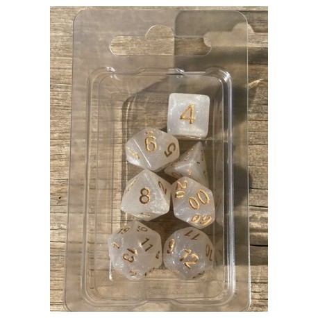 Set de 7 dés pailletés blancs encre dorée