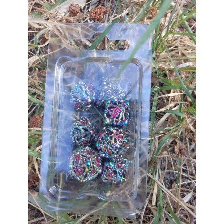 Kit De 7 Dés Métalliques Creux Faces Pieuvre. Reflets Multicouleurs . Print Rouge