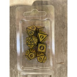 set de 7 dés motifs volutes opaque noirs et jaunes