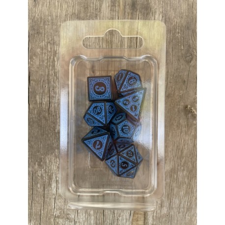 set de 7 dés motifs volutes opaque noirs et bleus