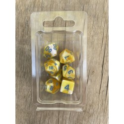 set de 7 dés marbrés blancs et jaunes encre bleue
