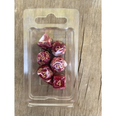 set de 7 dés marbrés blancs et rouges encre dorée