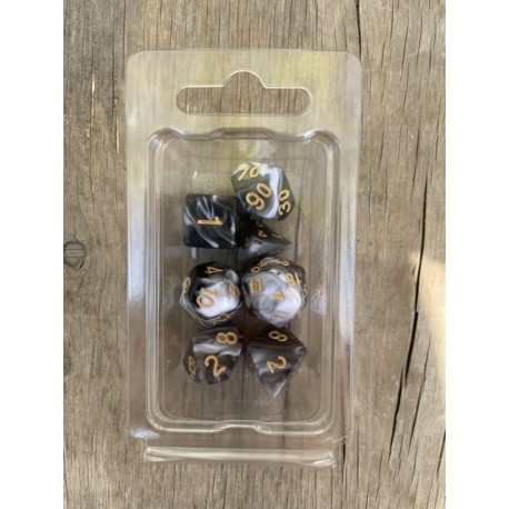 set de 7 dés marbrés blancs et noirs encre dorée