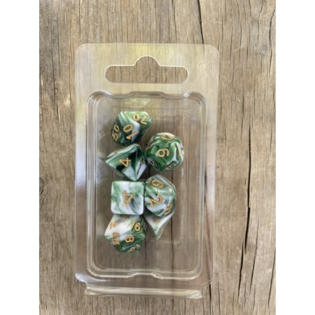 set de 7 dés marbrés blancs et verts encre dorée